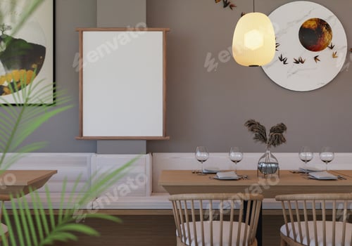 Preview: 3D illustration Mockup photo frame in restaurant, rendering