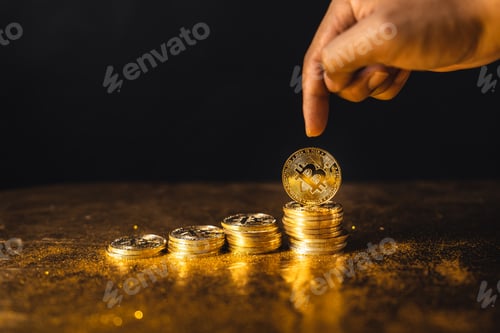 Preview: bitcoin growth,bitcoin coins stacked on black gold background