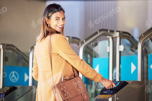 Preview: Smile, portrait and a woman with a ticket at a station for travel, access or or a train. Happy, air