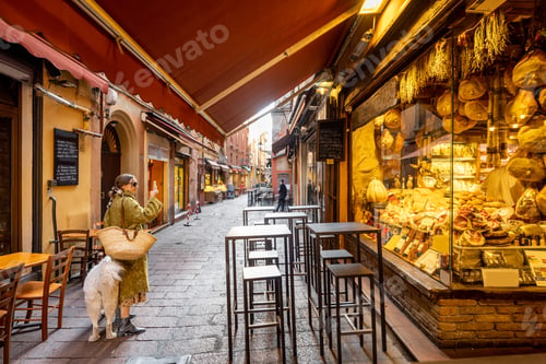Preview: Famous gastronomical street with food stores in Bologna, Italy