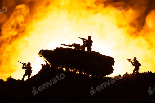 Preview: Battle scene of toy tank and soldiers with fire at background