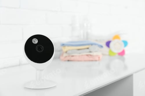 Preview: Baby camera on table near white brick wall, space for text. Video nanny
