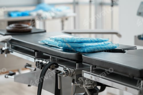 Preview: Operating table with medical capes ready for surgery in hospital
