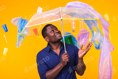 Preview: Man Under Umbrella of Plastic Waste on Yellow