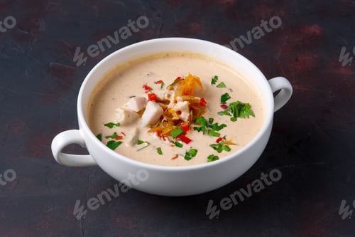 Preview: Soup puree with veal, fried onion, carrot and pepper
