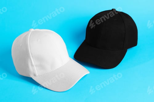 Preview: White and black baseball hats on light blue background