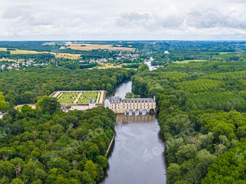 Preview: Aerial view over Chenonceau castle, Loire valley, France, Sologne