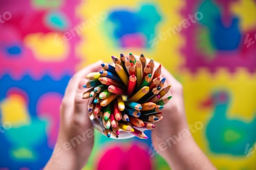 Preview: Hands holding stack of sharpened colored pencils in a glass on bright background. Top view