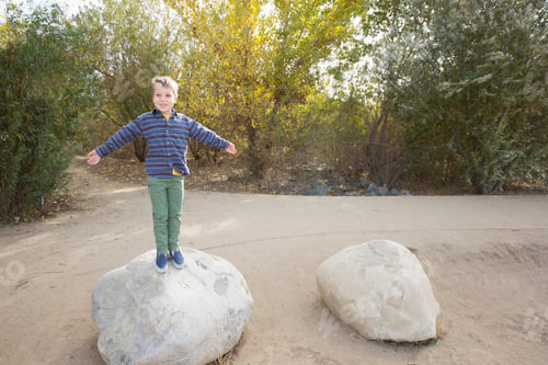 Preview: Portrait of boy standing on boulder in park