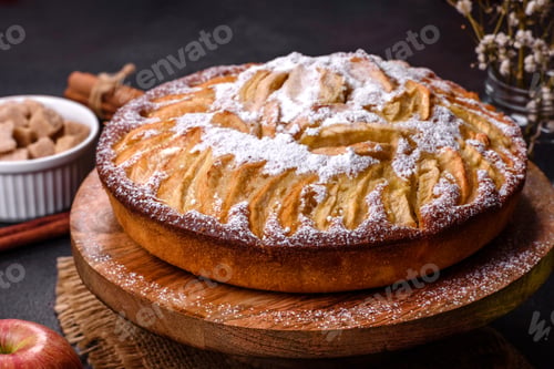 Preview: Apple pie with fresh fruits on a wooden table