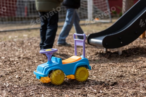 Preview: Old rusty toy car in the grass, A toy truck was traveling with a load on the spring off-road.