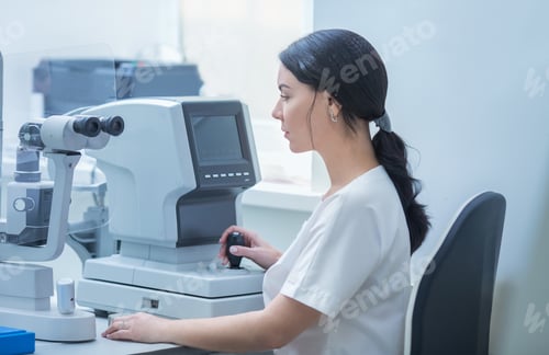 Preview: an optometrist checks his eyesight with a slit lamp