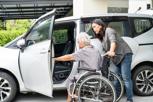 Preview: Help and support asian senior or elderly old lady woman patient prepare get to her car.