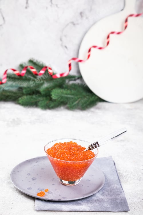 Preview: Christmas and New Year holidays composition. Red Salmon Caviar