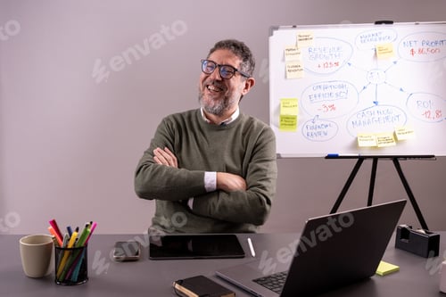 Preview: Business executive discussing market performance on whiteboard, financial growth concept