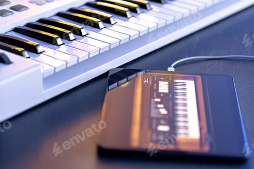 Preview: Musical keys and a tablet with a stylus on the table.