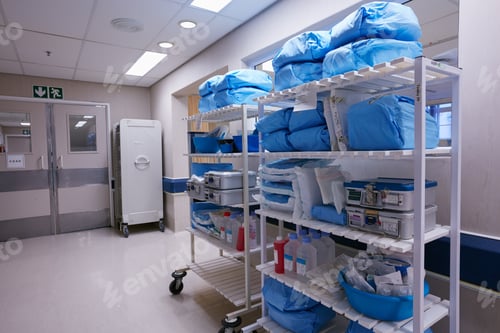 Preview: Shot of shelves stocked with medical supplies in an empty hospital ward