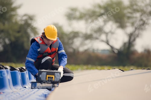 Preview: Photovoltaic engineers work on floating photovoltaics. Inspect and repair the solar panel equipment