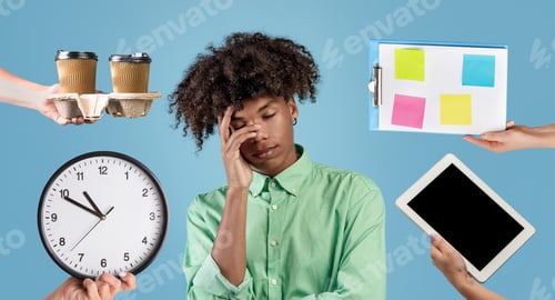 Preview: Exhausted black guy having lot things to do, collage