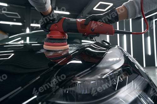 Preview: Service station worker buffing exterior of automobile