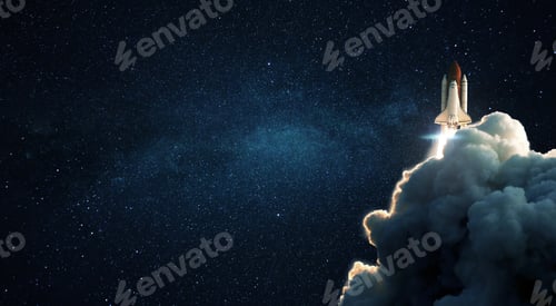 Preview: New space shuttle rocket with smoke and blastoff successfully lift off into stellar outer space