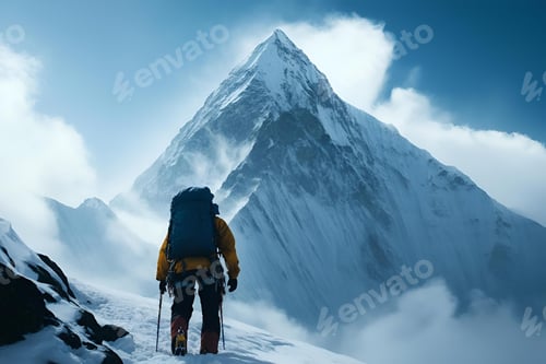 Preview: Hiker in snowy mountains with white clouds in the background.