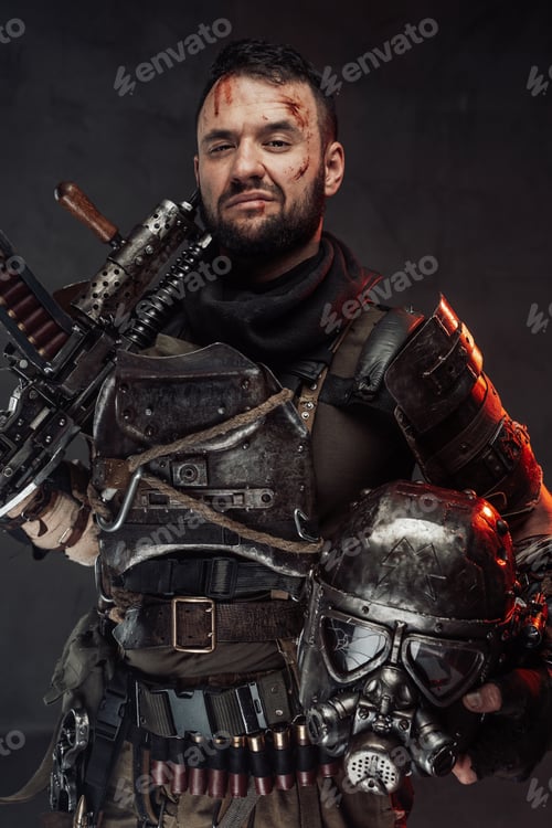 Preview: Serious and brutal apocalyptic soldier with shotgun and helmet