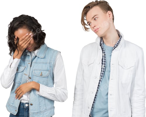 Preview: two women in denim jackets with their eyes closed and one is crying and the other