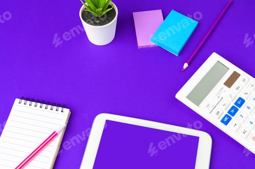 Preview: Back to school concept. School and office supplies on office table