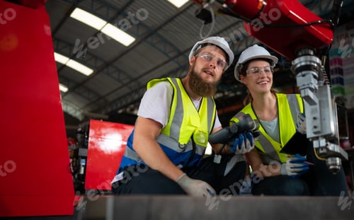 Preview: Both of engineers installing and testing a large robotic arm. before sending it to customers