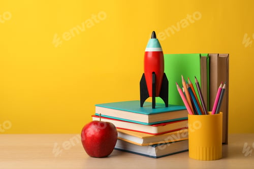 Preview: Bright toy rocket and school supplies on wooden table. Space for text
