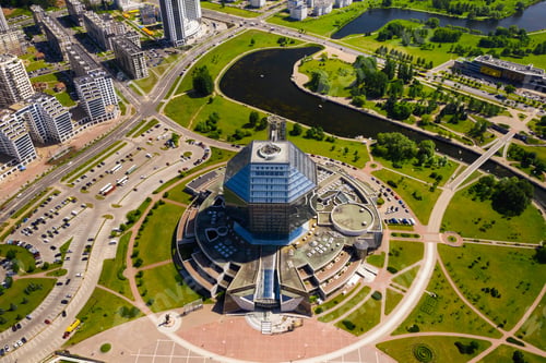 Preview: Top view of the National library and a new neighborhood with a Park in Minsk.Belarus, public