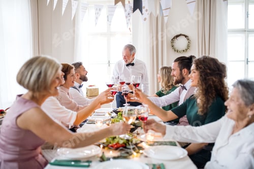 Preview: A big family sitting at a table on a indoor birthday party, clinking glasses.