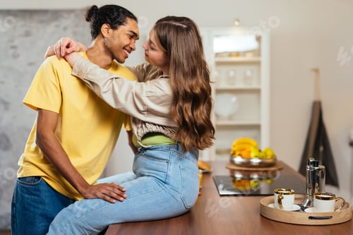Preview: modern multiethnic unstereotyped couple lifestyle moments at home.