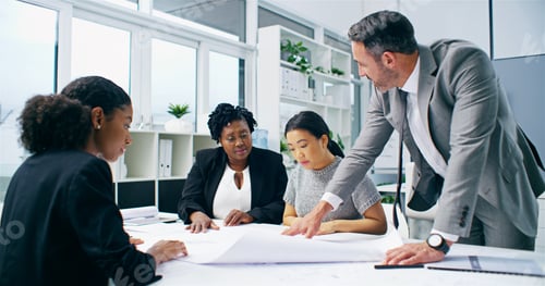Preview: Teamwork, blueprint and business people in meeting, architecture and coworking in modern office. Em