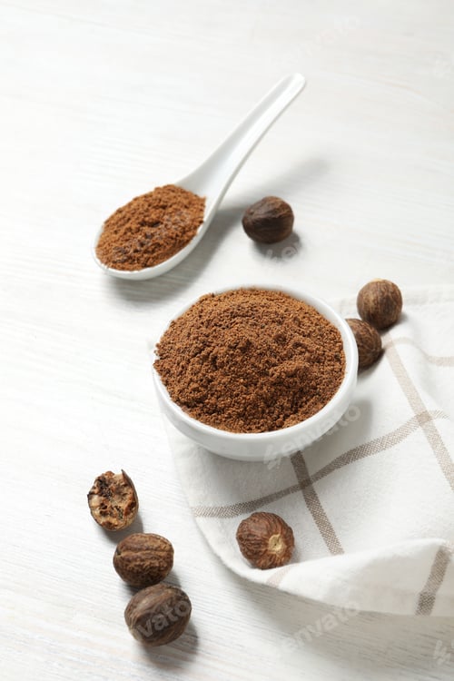 Preview: Concept of different spices and condiments, nutmegs