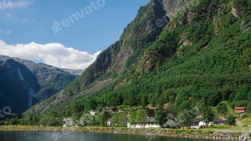 Preview: lake and green mountains in Gudvangen, Neirofjord, Norway
