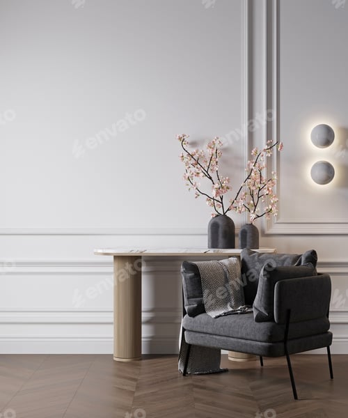 Preview: Living room with white empty walls - light mockup for canvas art