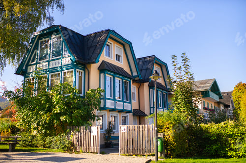 Preview: Colorful houses along the street of the city of Salzkammergut in Austria.Europe