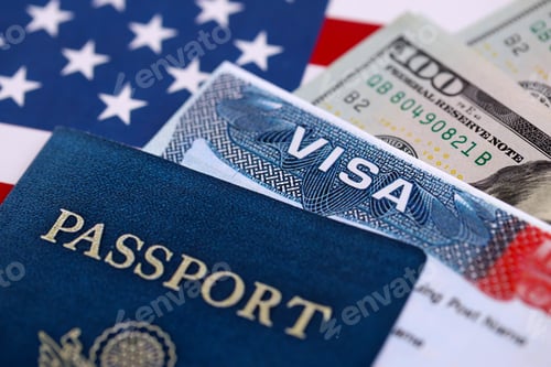 Preview: Passport and US Visa for immigration with many money bills close up on USA flag