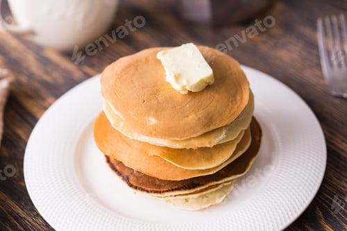 Preview: Homemade american pancakes. Healthy morning breakfast. Rustic style