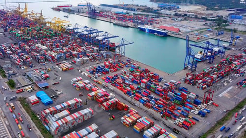 Preview: container cargo ship in the export and import business and logistics. Shipping to the harbor