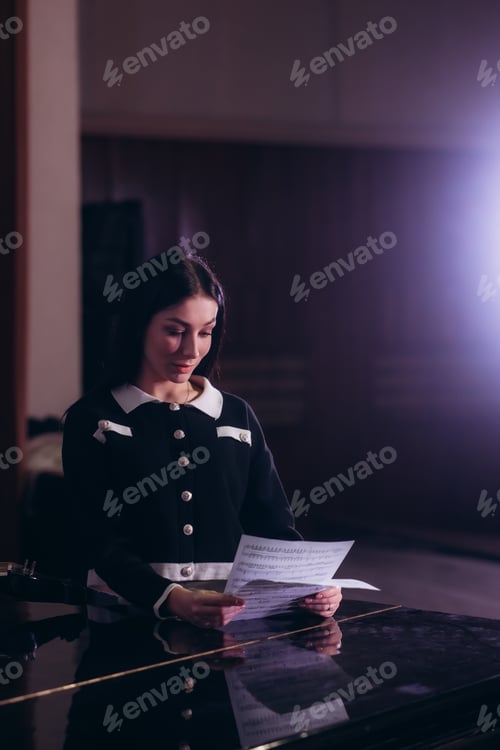 Preview: Portrait of a female musician with sheet music on the stage, light from spotlights