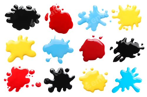 Preview: Printer ink of different colors. Set of spots isolated on white, top view