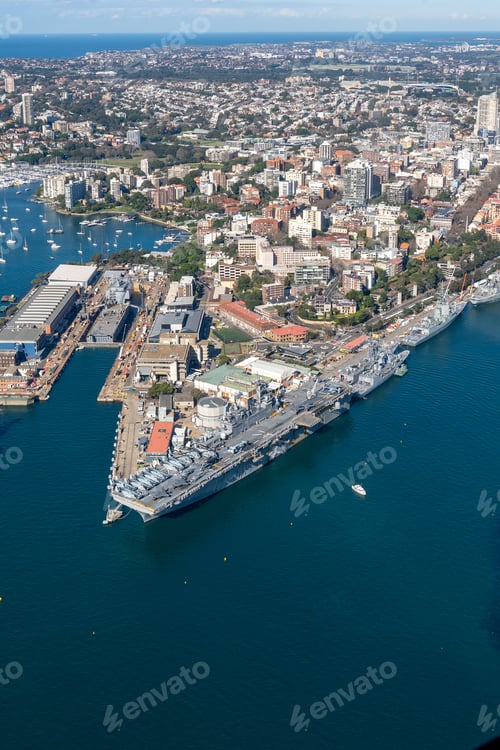 Preview: aerial view of naval base ship, Australian Royal Navy ship in dock