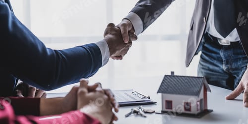 Preview: Good deal buy new house Cheerful young man bonding to his wife while shaking hand to man sitting in