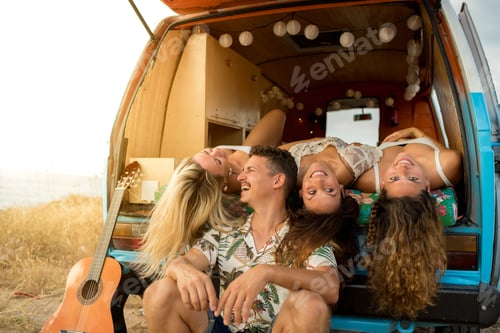 Preview: Man with three women having fun inside a van