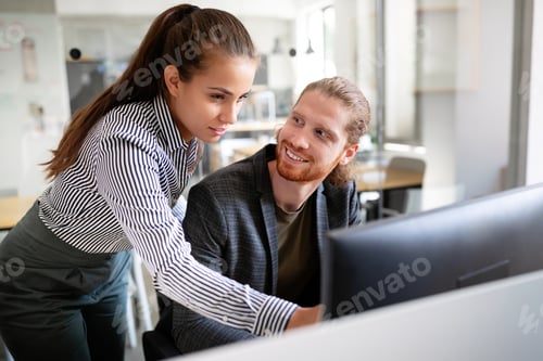 Preview: Business people having fun and chatting at workplace office