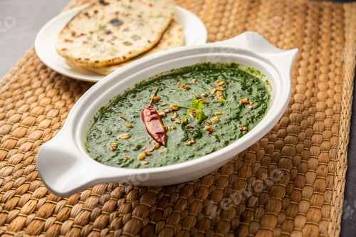 Preview: lasooni palak recipe or dhaba style garlic spinach curry, Indian main course served with naan