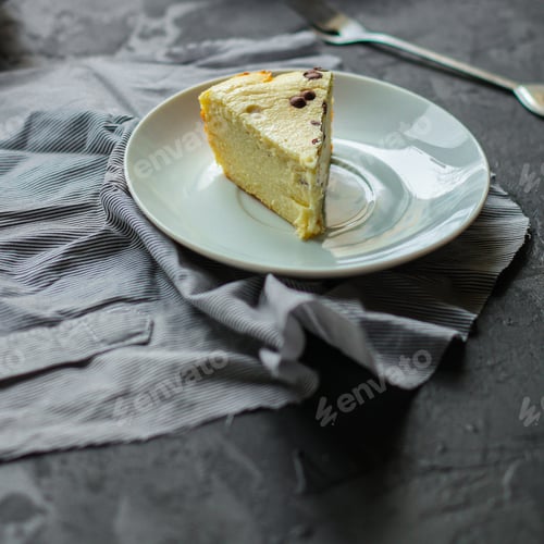 Preview: Cheesecake, Cottage Cheese Casserole (A Portion Of Sweet Pastries). Top View. Food Background